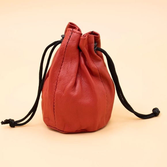 Red Soft Genuine Leather Drawstring Pouch,Spring Locks Coin Purse Wrist Purse - Picture 4 of 5